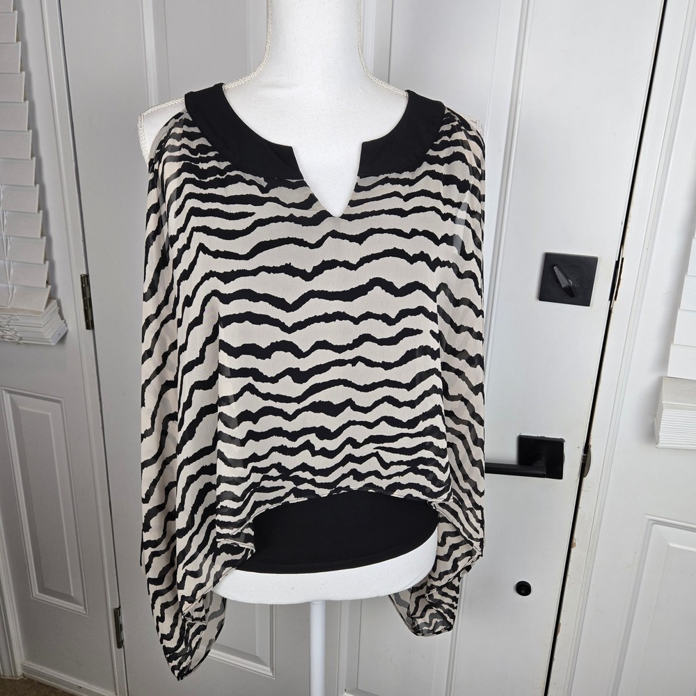 Joseph Ribkoff Blouse Size 6 Zebra Print Overlay Black Tan Animal Print Mobwife